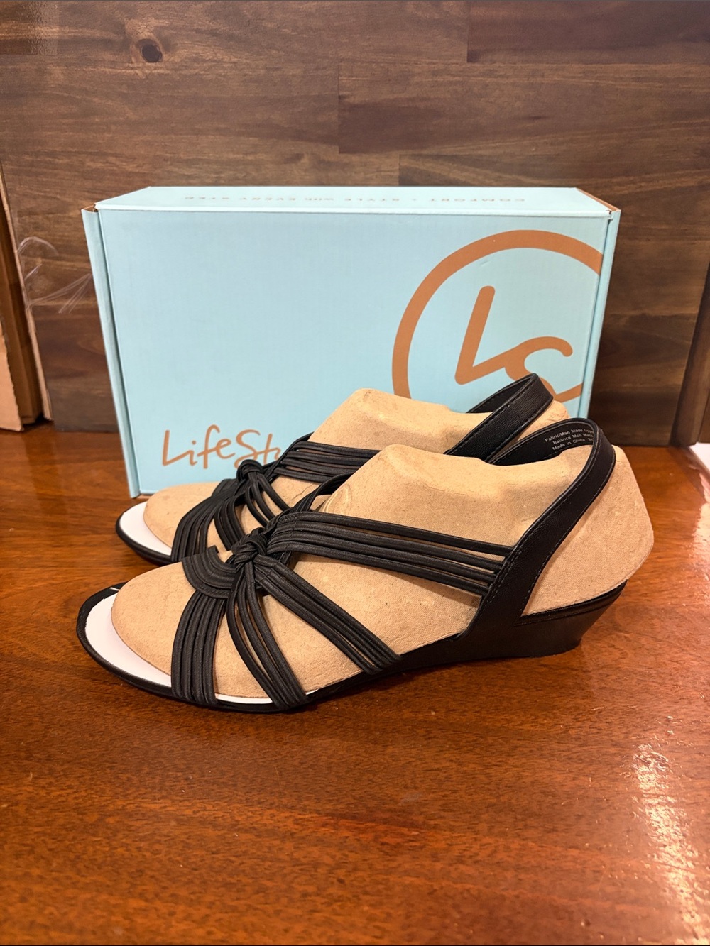 Life Stride Beige and Black Strappy Wedge Sandals with Knot Detail